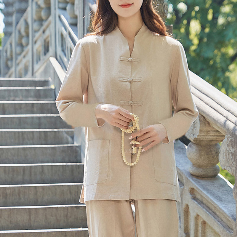 Buddha Stones Spirituale Zen Pratica Yoga Meditazione Preghiera Uniforme Cotone Lino Abbigliamento Donna Set - Cachi - US18, UK/AU22, EU50 (6XL) - image 10