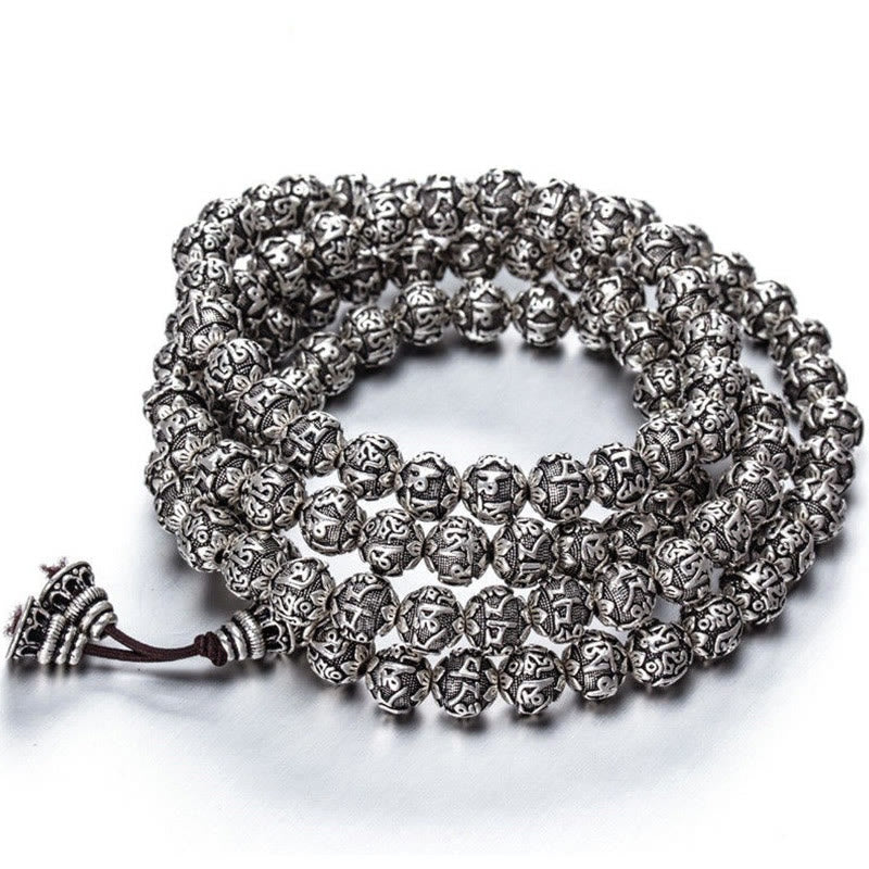 Braccialetto amuleto con perline in lega intagliata , Buddha Stones tibetane Om Mani Padme Hum