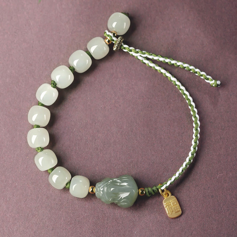 Braccialetto con corda in giada naturale Hetian PiXiu Luck Fu Character
