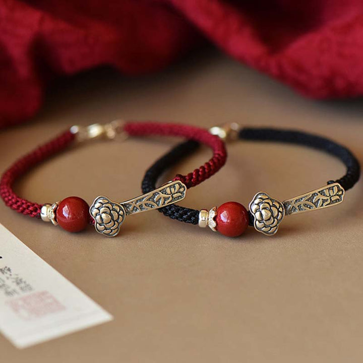 Braccialetto di corda di benedizione in argento sterling 925 con Buddha Stones cinabro