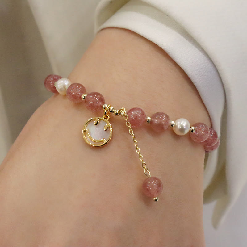 Braccialetto di guarigione con ciondolo a forma di carattere Fu, con ciondolo a forma di coda di pesce , con perle di quarzo fragola e alce sorridente