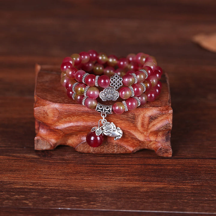 Braccialetto Buddha Stones Natural Watermelon Tormalina PiXiu Elephant Positive Triple Wrap