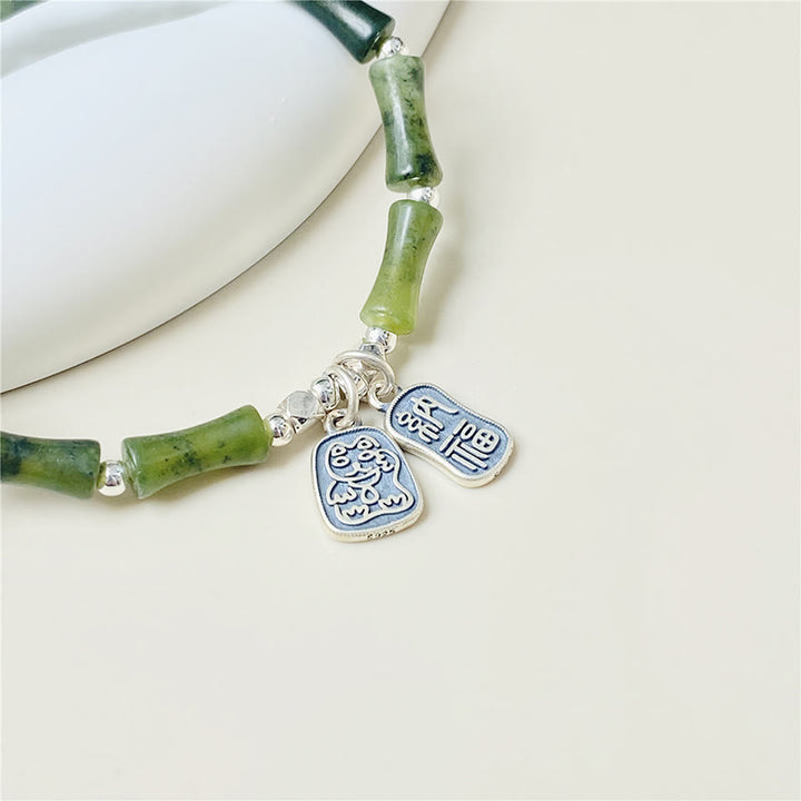 Bracciale Buddha Stones 925 Sterling Silver Bamboo Jade Lucky Cat Fu Character Luck Abundance