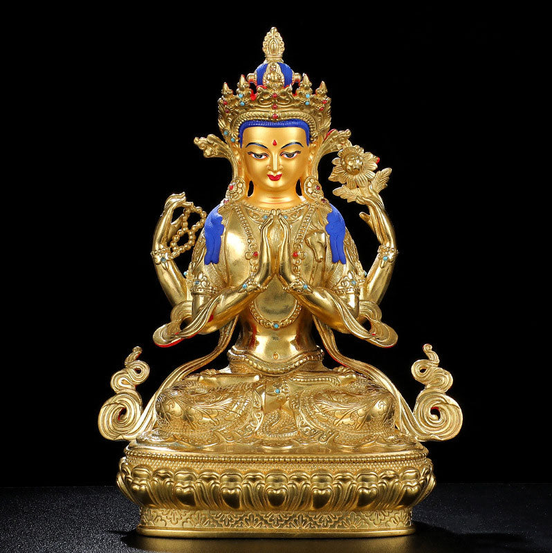 Statua di protezione di Avalokitesvara a quattro braccia di Chenrezig, placcata in oro e rame