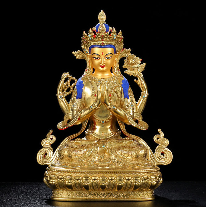 Statua di protezione di Avalokitesvara a quattro braccia di Chenrezig, placcata in oro e rame