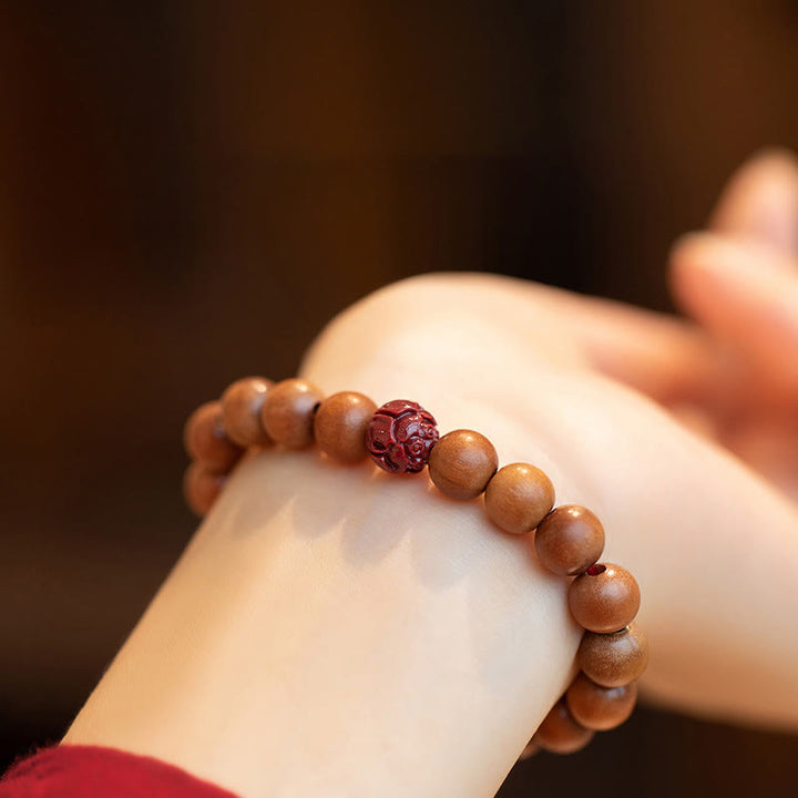 Braccialetto Buddha Stones Peach Wood Lotus Cinnabar Luck Wealth