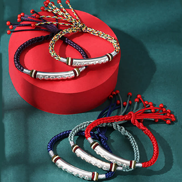Braccialetto di corda di protezione e forza Om Mani Padme Hum in argento sterling 999 Buddha Stones