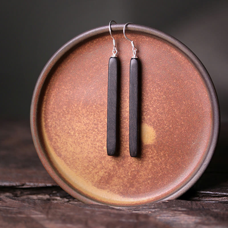 Orecchini pendenti Buddha Stones 925 Sterling Silver Ebony Wood Texture Balance Peace Drop