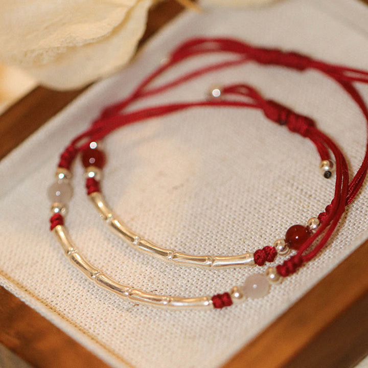 Braccialetto intrecciato con perline di protezione in argento sterling 925 Buddha Stones, agata bianca e agata rossa