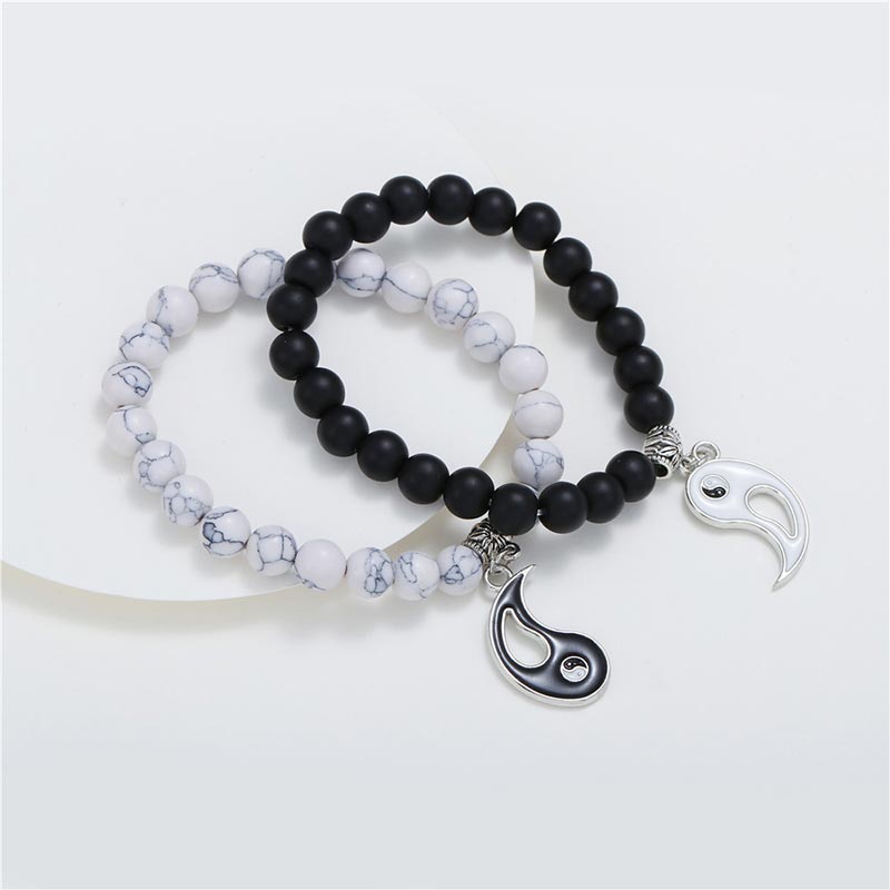 Buddha Stones 2 pezzi Braccialetto di coppia Yin Yang con perline di turchese bianco e onice nero naturale - image 4