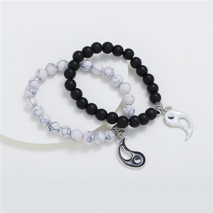 Buddha Stones 2 pezzi Braccialetto di coppia Yin Yang con perline di turchese bianco e onice nero naturale - image 4