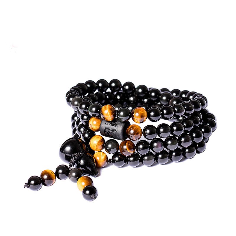 Braccialetto di benedizione di zucca di ossidiana arcobaleno di ossidiana nera naturale Buddha Stones Mala