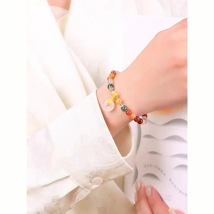 Bracciale Buddha Stones placcato oro 14K, giada di seta dorata colorata, fibbia della pace, ricchezza