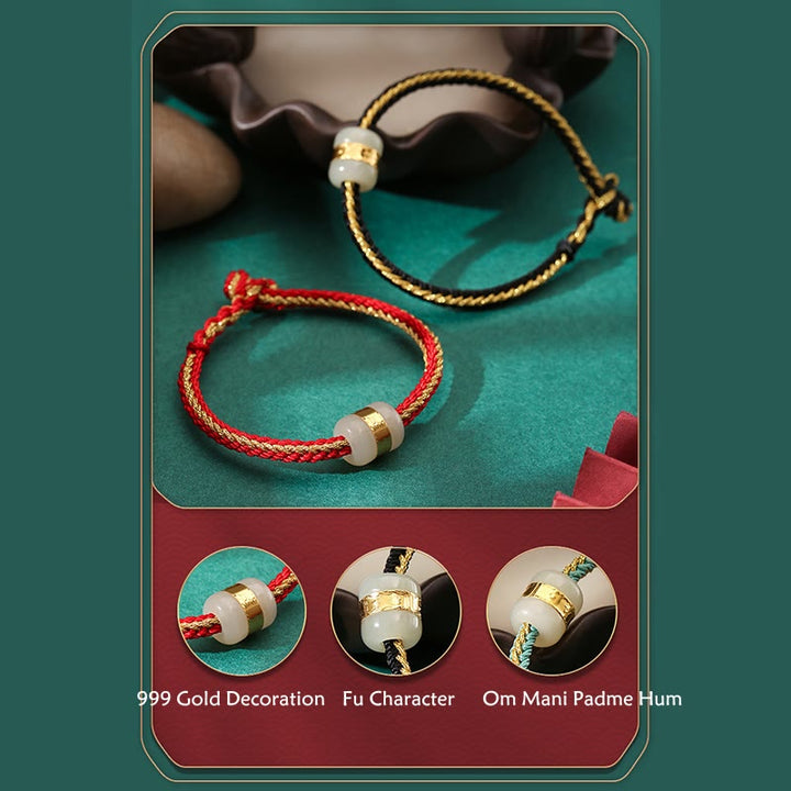 Bracciale intrecciato con carattere Om Mani Padme Hum Fu in giada bianca Hetian con Buddha Stones in oro 999