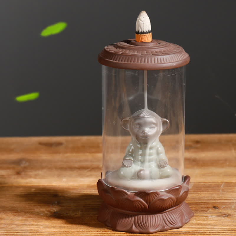 Meditazione Wukong Monkey King Argilla Viola Parabrezza Loto Fontana di Fumo a Riflusso Bruciatore di Incenso Decorazione
