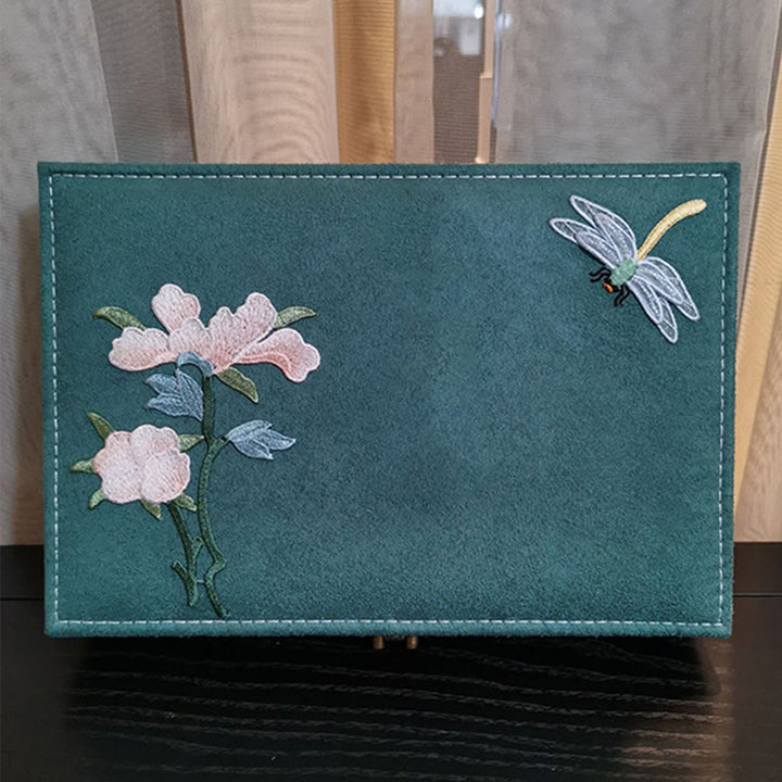 Buddha Stones Flowers Dragonfly Jewelry Box Organizer Scatola portaoggetti per gioielli a strato singolo Scatola di flanella