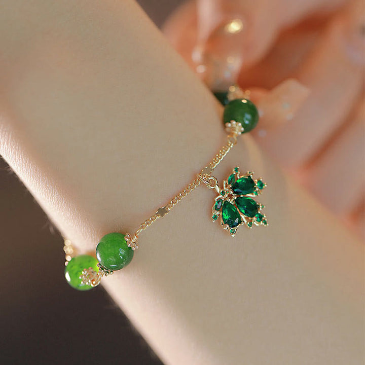 Bracciale Buddha Stones placcato oro 14k calcedonio verde foglia d'acero coraggio forza