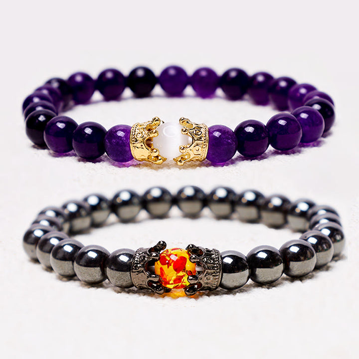 Buddha Stones Pietra naturale Corona del re e della regina Perline di energia curativa Bracciale di coppia