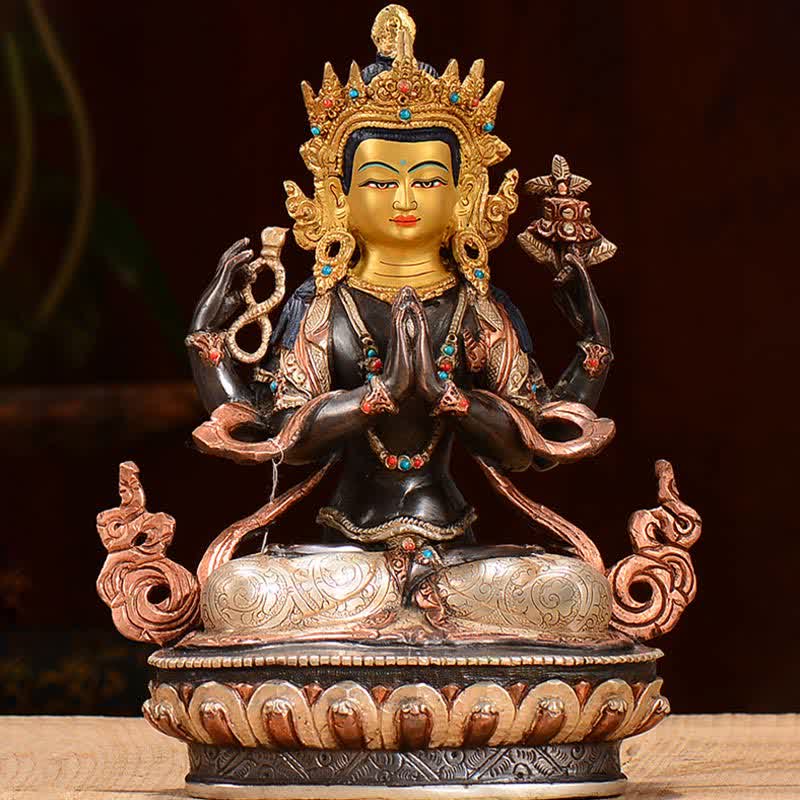 Statua di rame di protezione di Avalokitesvara a quattro braccia del Bodhisattva Chenrezig Decorazione