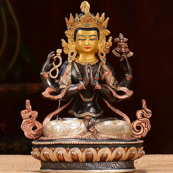 Statua di rame di protezione di Avalokitesvara a quattro braccia del Bodhisattva Chenrezig Decorazione