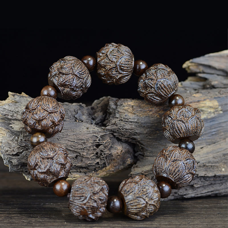Braccialetto di equilibrio inciso Buddha Stones, legno di ebano, diciotto Arhat, drago di loto