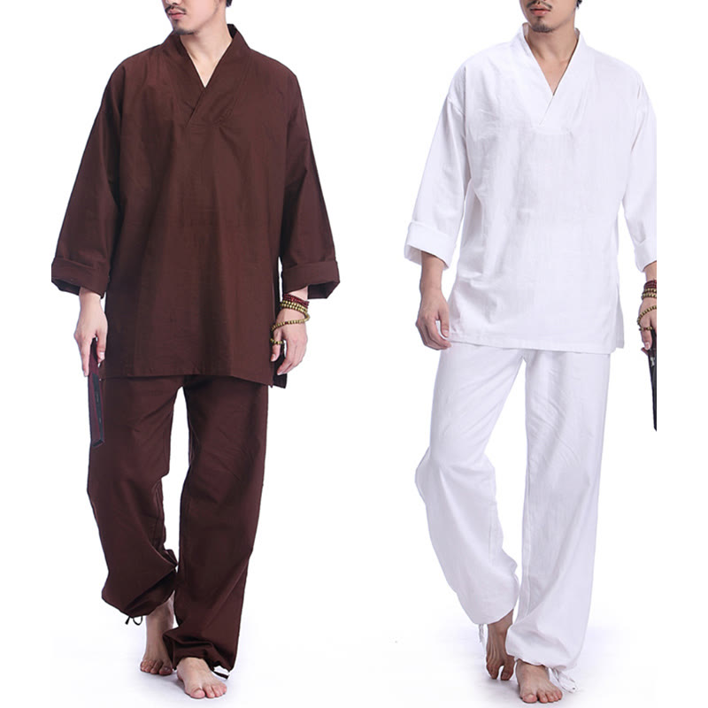Set da uomo di abbigliamento yoga Buddha Stones a V, in cotone e lino, per meditazione e preghiera, spirituale e zen