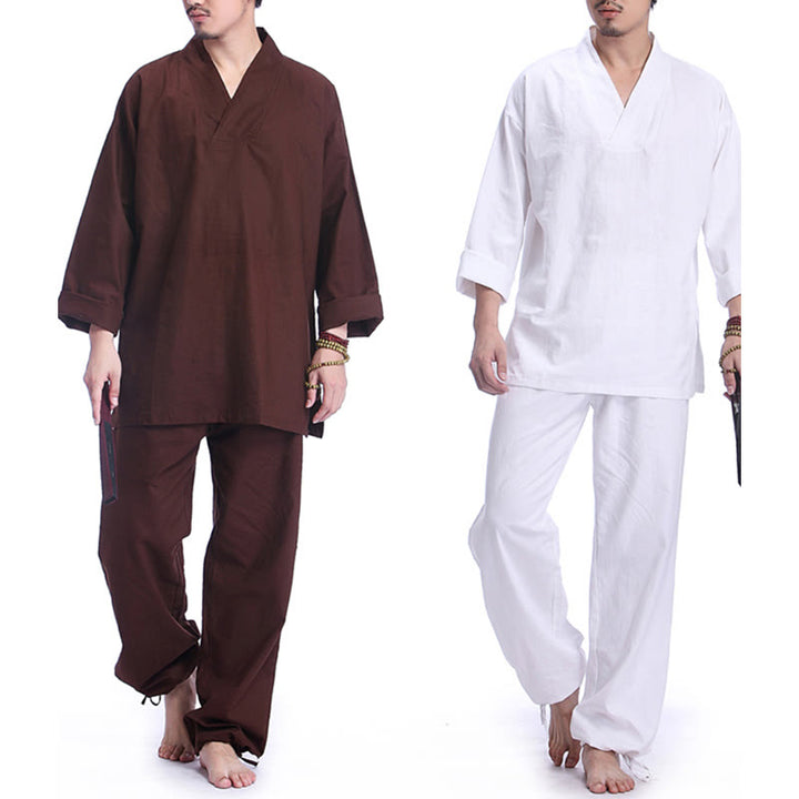 Set da uomo di abbigliamento yoga Buddha Stones a V, in cotone e lino, per meditazione e preghiera, spirituale e zen