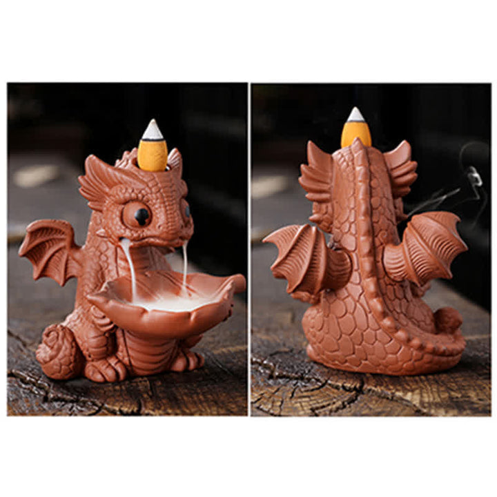 Bella fontana di fumo a riflusso in argilla viola con dinosauro, decorazione per bruciatore di incenso curativo