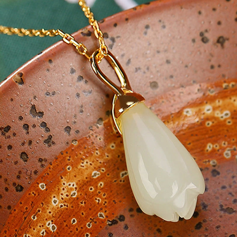 Collana con Buddha Stones in giada Hetian naturale, ciondolo con fiore di magnolia, ciondolo in argento sterling 925 placcato oro