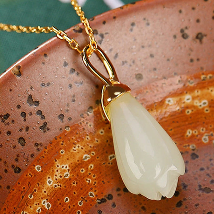 Collana con Buddha Stones in giada Hetian naturale, ciondolo con fiore di magnolia, ciondolo in argento sterling 925 placcato oro