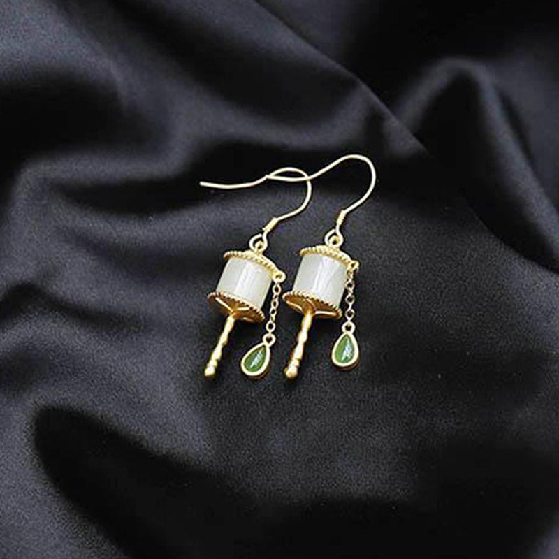 Orecchini pendenti con ruota della preghiera in giada e argento sterling 925 Buddha Stones