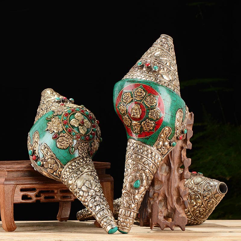 Decorazione positiva della ricchezza della conchiglia del Buddha Shankha Double Dorje incisa a mano tibetana - image 1