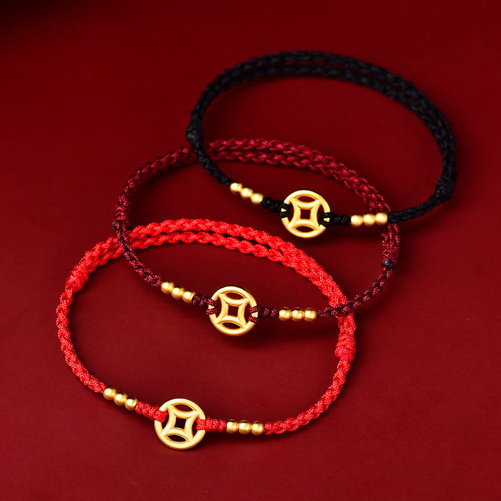 Braccialetto alla caviglia con corda intrecciata in rame con pietre Buddha Stones e moneta