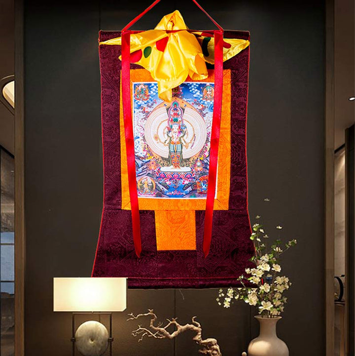Buddha Stones Tibetano Avalokitesvara dalle mille mani con cornice Thangka Benedizione Decorazione