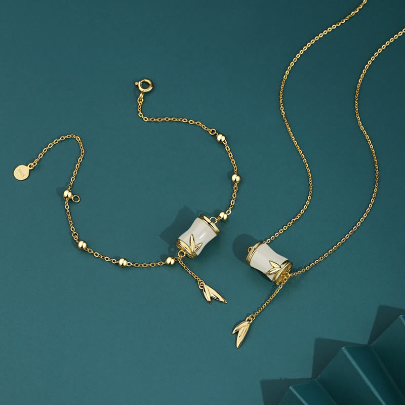 Buddha Stones 925 Sterling Silver 22K Oro Hetian Giada Bianca Foglia di Bambù Collana Pendente Bracciale Portafortuna - image 0