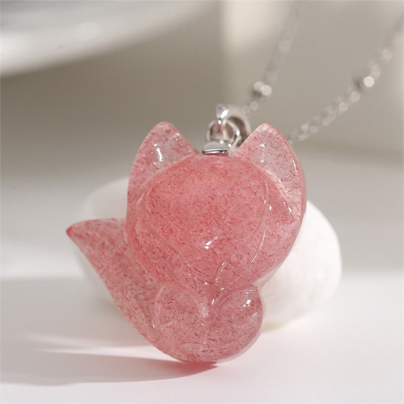 Collana con ciondolo guarigione volpe quarzo fragola in argento sterling 925 placcato oro 14k Buddha Stones