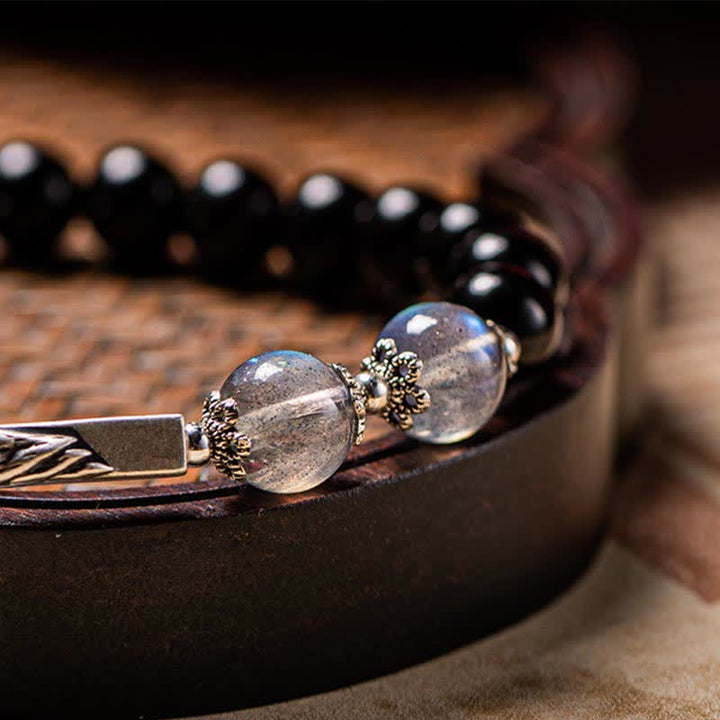 Bracciale di coppia in argento sterling 925 con pietra di luna e ossidiana