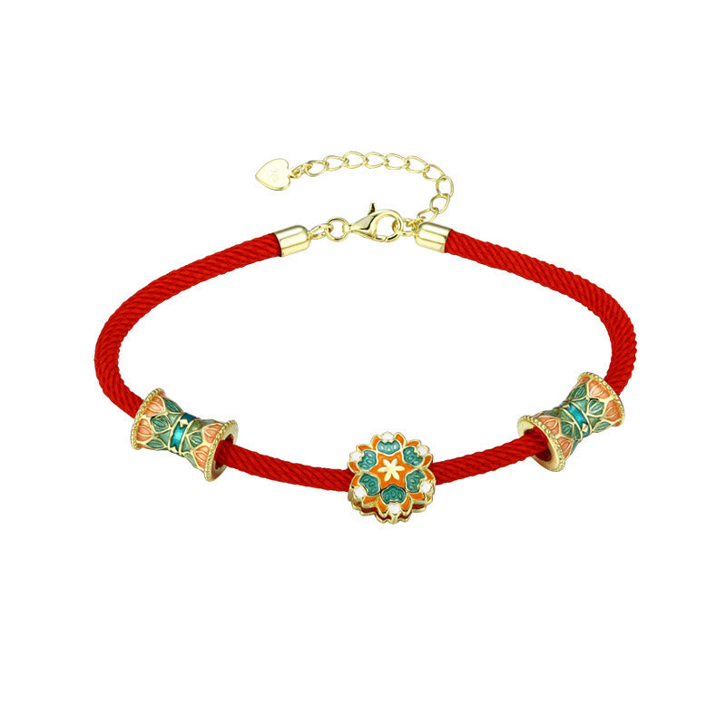 Buddha Stones Dunhuang 925 Sterling Silver Lotus Drum Nuovo inizio Braccialetto in corda rossa
