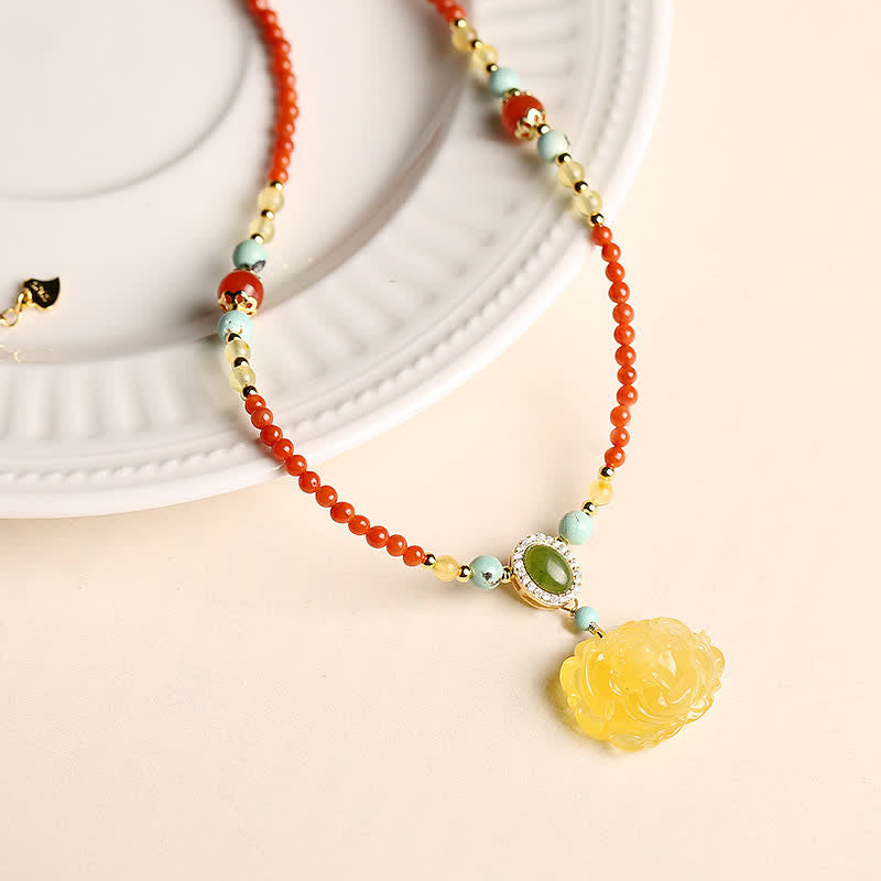 Collana con ciondolo in argento sterling 925 con agata rossa naturale, ambra e peonia, simbolo di fiducia