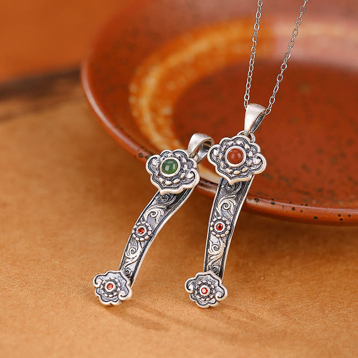 Buddha Stones Argento Sterling 925 Agata Rossa Giada Ciano Nuvole di Buon Auspicio Manico Ruyi Collana Pendente Benedizione