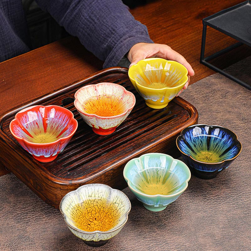 Buddha Stones 6 pezzi motivo a petalo di fiore di prugna cinese Jianzhan forno cambio tazza da tè in ceramica Kung Fu tazza da tè ciotola con scatola regalo