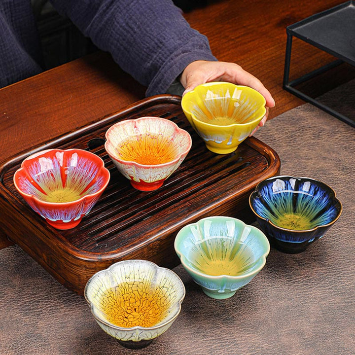 Buddha Stones 6 pezzi motivo a petalo di fiore di prugna cinese Jianzhan forno cambio tazza da tè in ceramica Kung Fu tazza da tè ciotola con scatola regalo