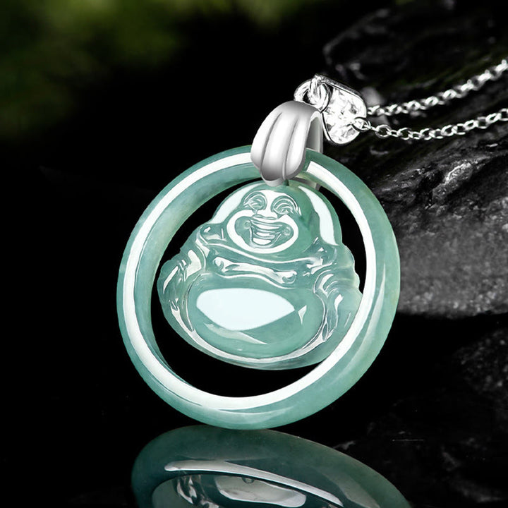 Collana con ciondolo a forma Buddha Stones Buddha con ciondolo a forma di Buddha che ride, in argento sterling 925, giada naturale rotonda