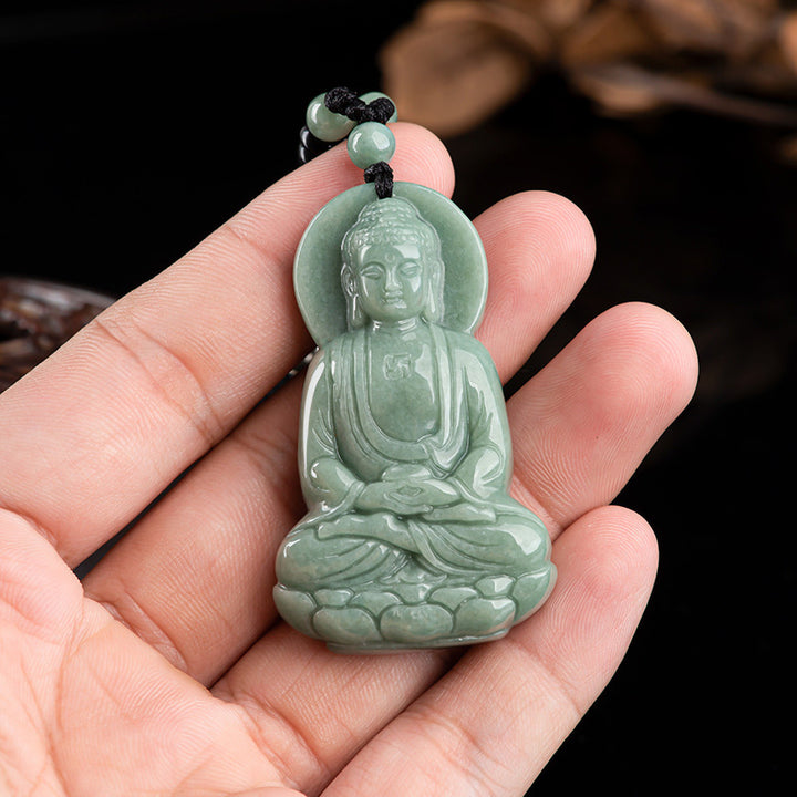 Buddha Stones Amitabha Buddha Amuleto di Giada Collana di Corda della Compassione