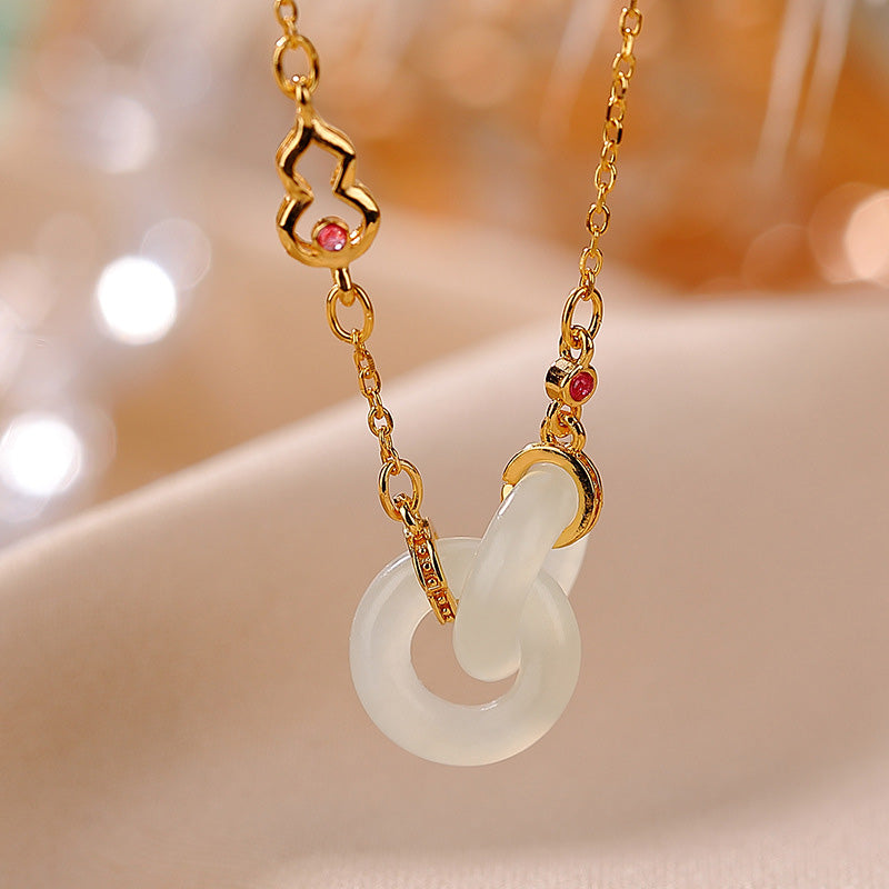 Collana con ciondolo a forma di catena con ciondolo rotondo in argento sterling 925 con Buddha Stones e giada fortunata e prospera - Giada bianca - Oro - image 0