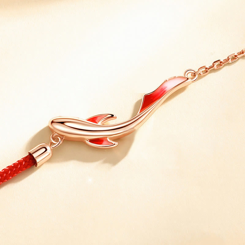 Braccialetto in corda rossa intrecciata con stella di loto e pesce koi in argento sterling 925 Buddha Stones