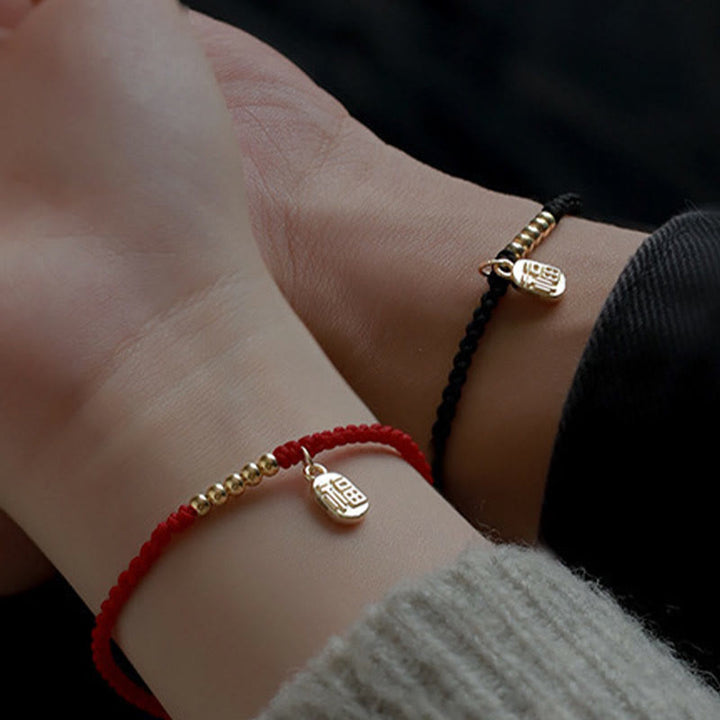 Braccialetto di corda con ciondolo a forma di carattere Fu fatto a mano con Buddha Stones