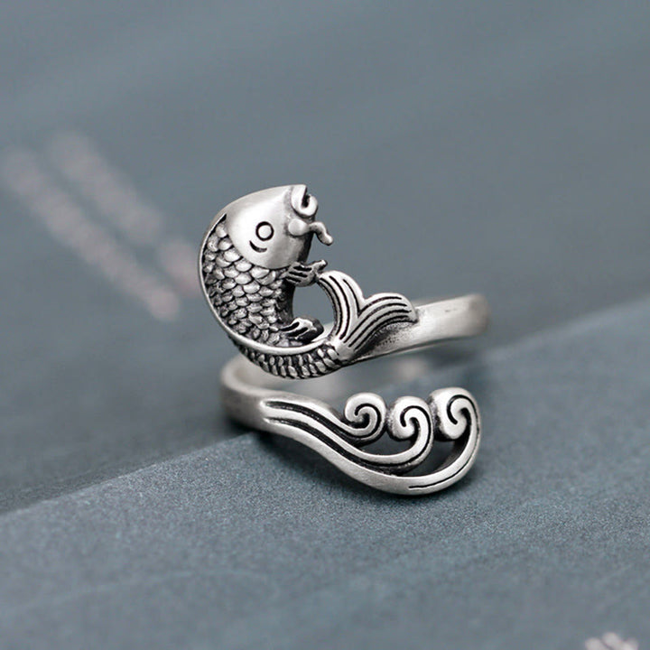 Buddha Stones 925 Sterling Silver Koi Fish Water Ripple Luck Wealth
