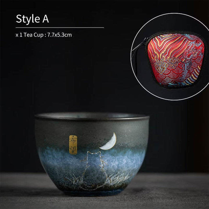 Buddha Stones Tazza da tè in ceramica Lovely Cat Tazze da tè nere 140ml