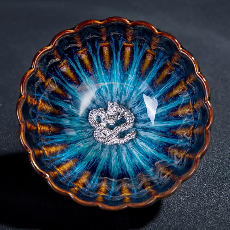 Buddha Stones Lotus Goldfish Drago di buon auspicio Fenice Tazza da tè in ceramica Tazze da tè intarsiate 130ml